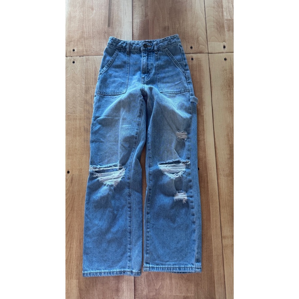 Katie J NYC Houston Kids Light Wash Distressed Carpenter Wide Leg Jeans Size 7/8